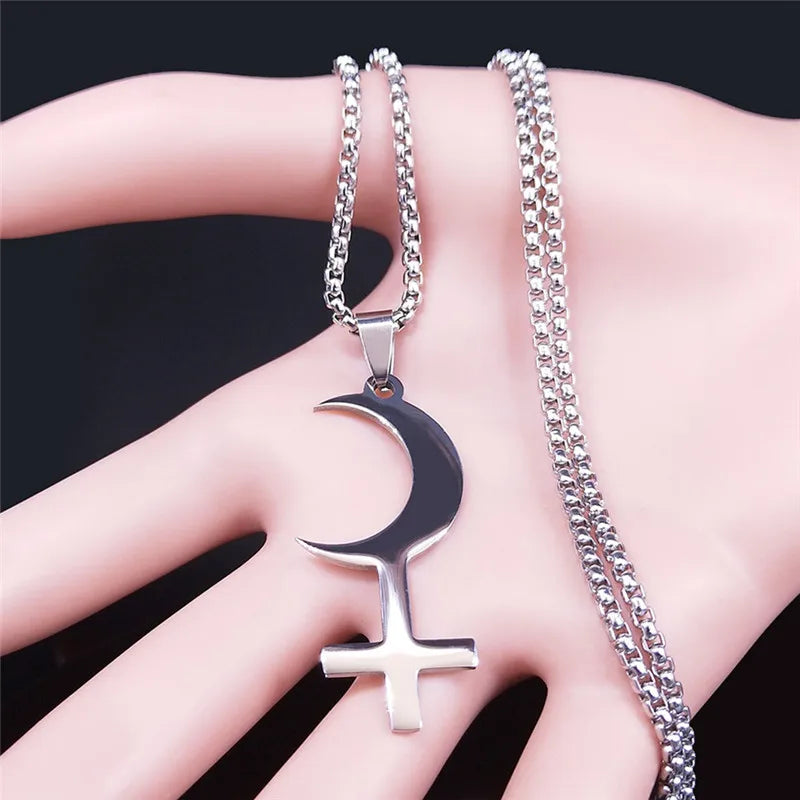 Lilith Goddess Greek Mythology Moon Necklace for Women Men Stainless Steel Witch Astrologie Symbol Chain Jewelry Colar N3775S02