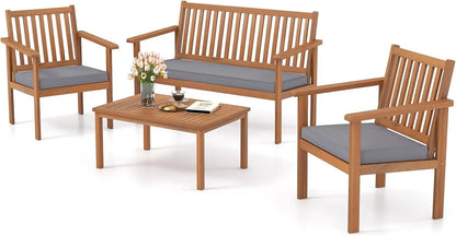 4 Piece Patio Wood Furniture Set, Acacia Wood Sofa Set W/Loveseat, 2 Chairs & Coffee Table, Soft Seat Cushions, Outdoor