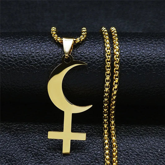 Lilith Goddess Greek Mythology Moon Necklace for Women Men Stainless Steel Witch Astrologie Symbol Chain Jewelry Colar N3775S02