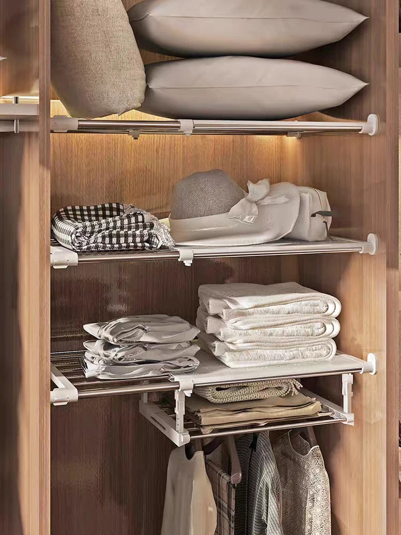 Wardrobe Expandable Divider Adjustable Closet Shelf Punch-Free Storage Shelves Cabinet Storage Kitchen and Bathroom Rack Divider