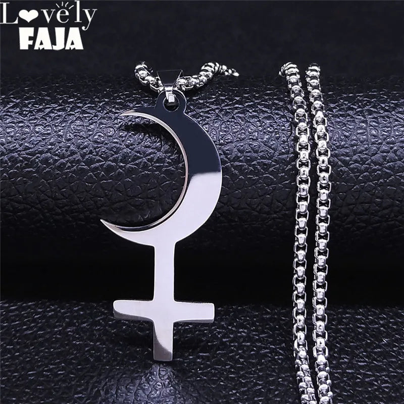 Lilith Goddess Greek Mythology Moon Necklace for Women Men Stainless Steel Witch Astrologie Symbol Chain Jewelry Colar N3775S02