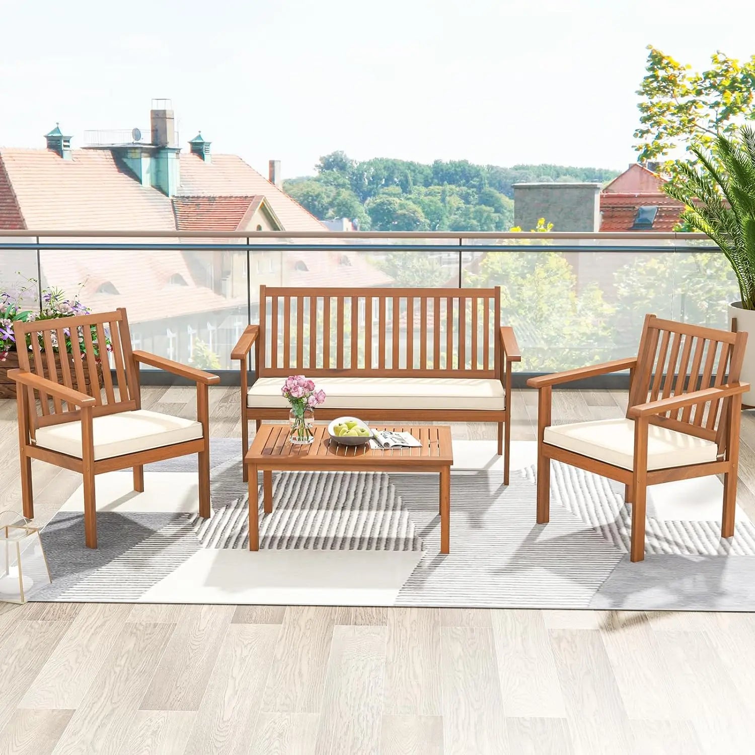 4 Piece Patio Wood Furniture Set, Acacia Wood Sofa Set W/Loveseat, 2 Chairs & Coffee Table, Soft Seat Cushions, Outdoor