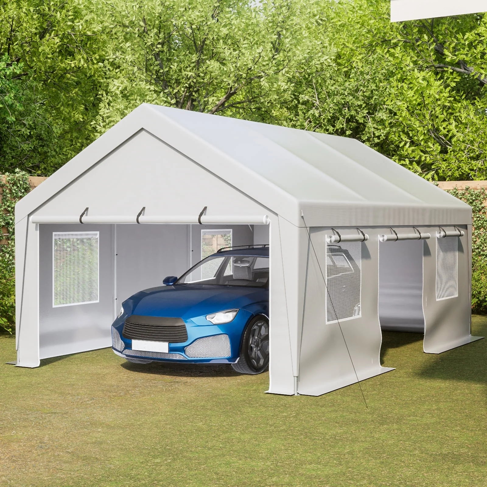 Carport, 13' X 20' Heavy Duty Carport with Roll-Up Sidewall and Ventilated Windows, Portable Outdoor Garage for Car, Truck, SUV, Boat, Car Canopy with All-Season Tarp, Gray, Height 9.8'