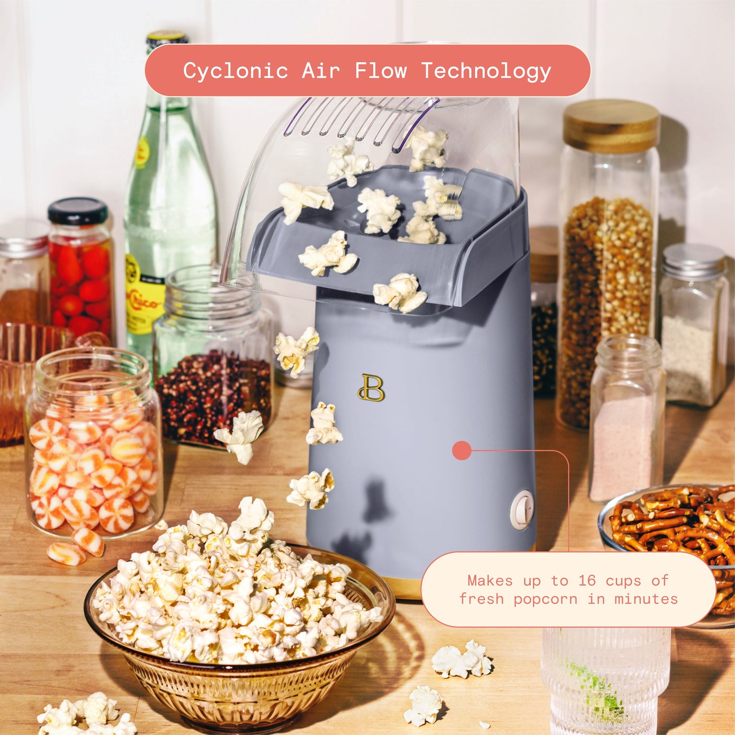 16 Cup Hot Air Electric Popcorn Maker, Black Sesame by Drew Barrymore